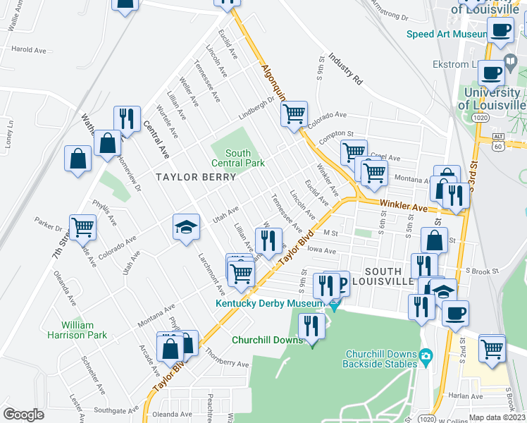 map of restaurants, bars, coffee shops, grocery stores, and more near 1207 Weller Avenue in Louisville