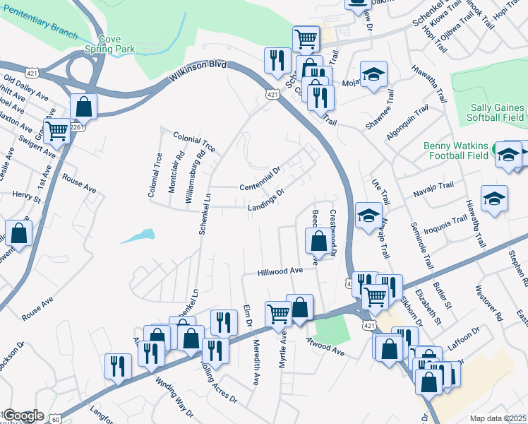map of restaurants, bars, coffee shops, grocery stores, and more near 184 Landings Drive in Frankfort