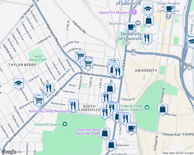 map of restaurants, bars, coffee shops, grocery stores, and more near 517 Winkler Avenue in Louisville