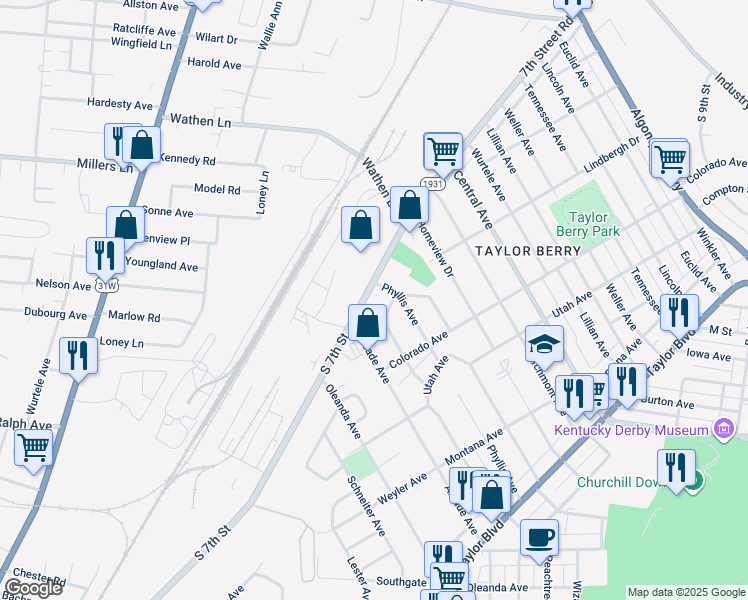 map of restaurants, bars, coffee shops, grocery stores, and more near 2758 Kentucky 1931 in Louisville