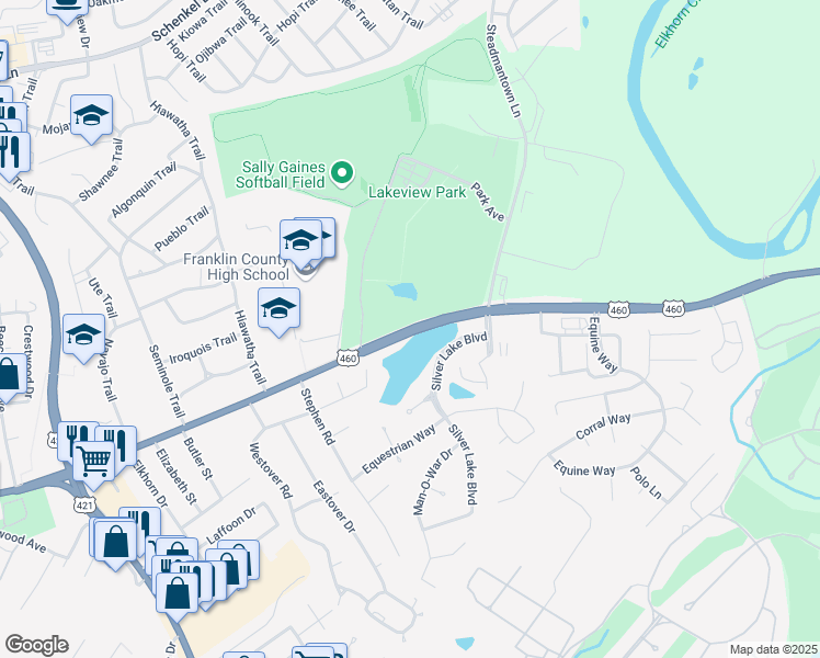 map of restaurants, bars, coffee shops, grocery stores, and more near 1106 East Main Street in Frankfort