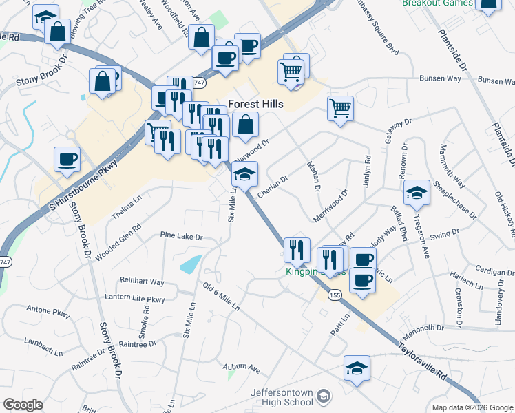 map of restaurants, bars, coffee shops, grocery stores, and more near 9213 Taylorsville Road in Louisville