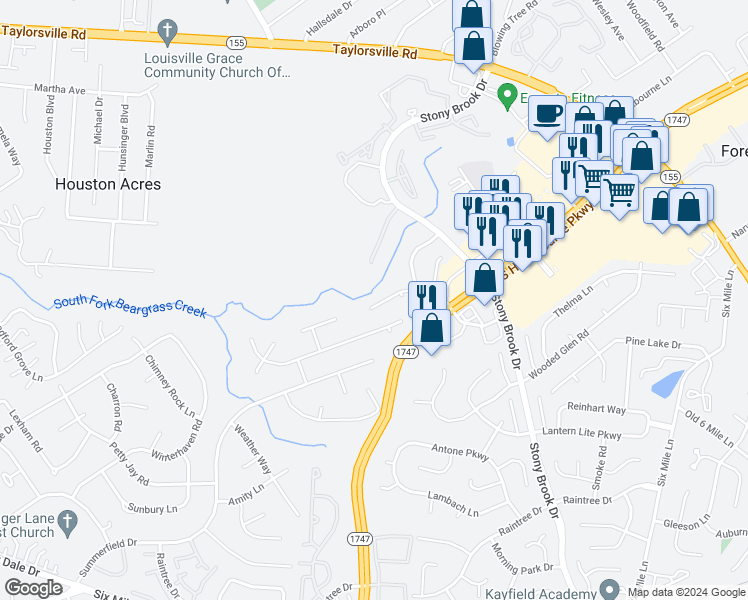 map of restaurants, bars, coffee shops, grocery stores, and more near 8407 Biggin Hill Lane in Louisville