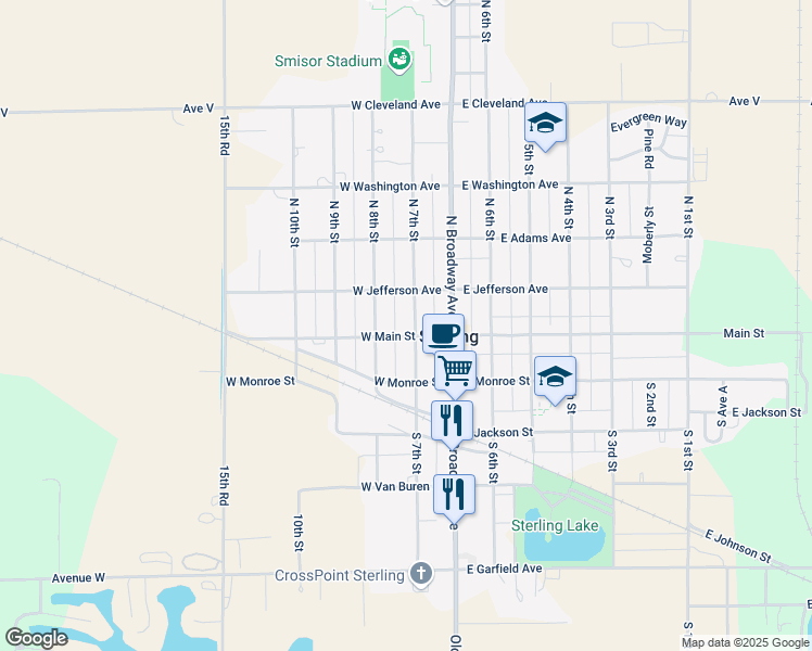 map of restaurants, bars, coffee shops, grocery stores, and more near 100-198 North 7th Street in Sterling