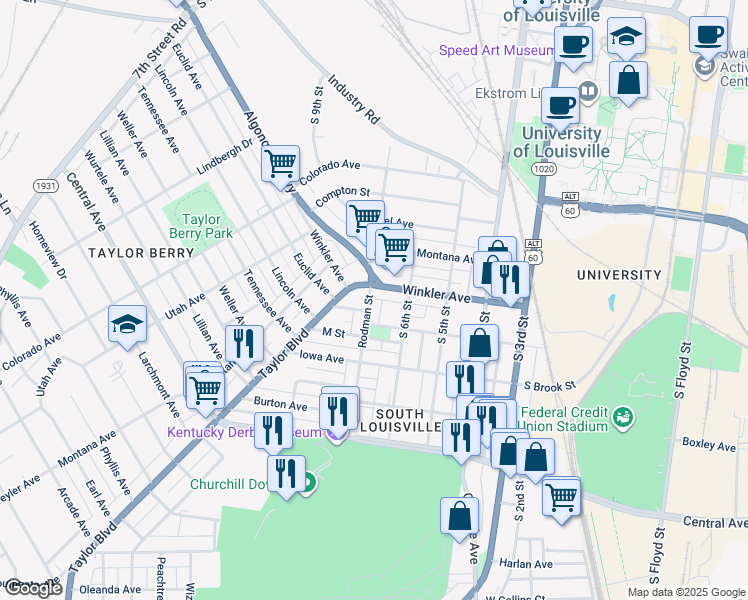 map of restaurants, bars, coffee shops, grocery stores, and more near 2709 Rodman Street in Louisville