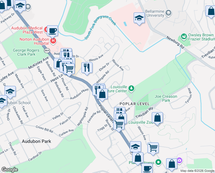 map of restaurants, bars, coffee shops, grocery stores, and more near 1610 Whippoorwill Road in Louisville