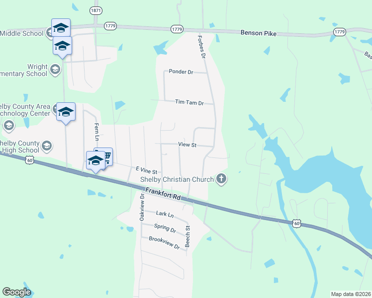map of restaurants, bars, coffee shops, grocery stores, and more near 2121 View Street in Shelbyville