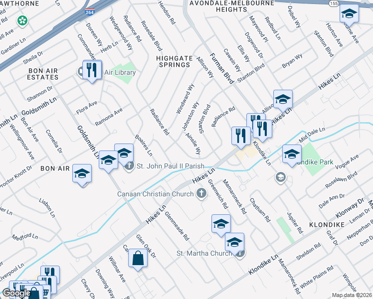 map of restaurants, bars, coffee shops, grocery stores, and more near 3223 Radiance Road in Louisville