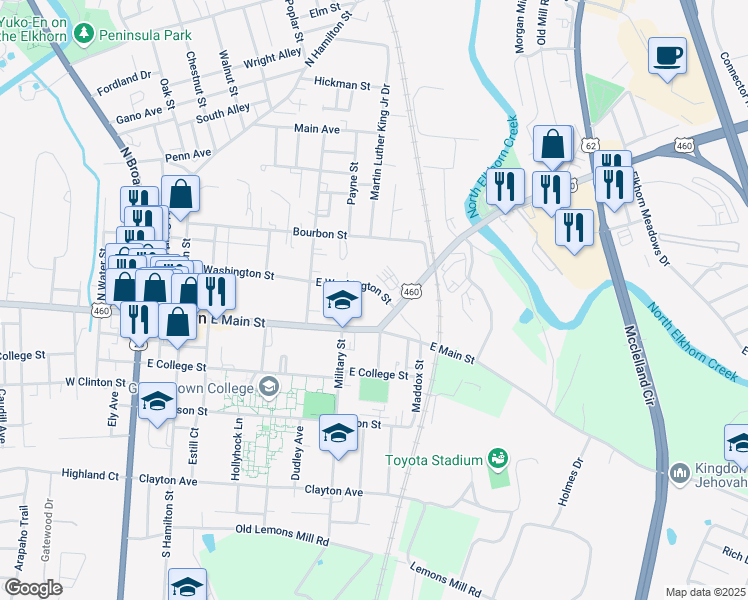 map of restaurants, bars, coffee shops, grocery stores, and more near 525 East Washington Street in Georgetown