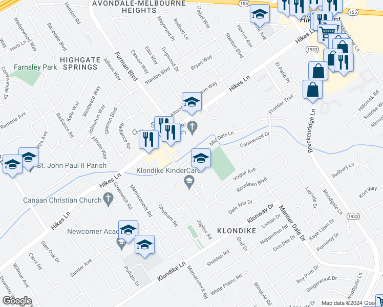 map of restaurants, bars, coffee shops, grocery stores, and more near 3097 Kozy Kreek Drive in Louisville
