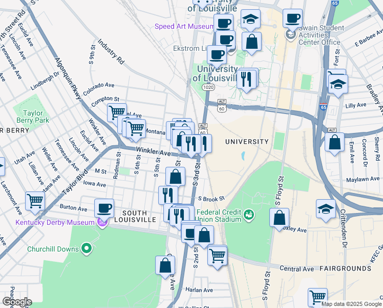 map of restaurants, bars, coffee shops, grocery stores, and more near 2617 South 4th Street in Louisville