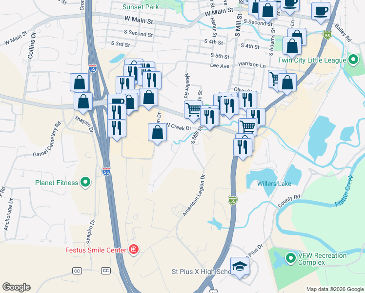 map of restaurants, bars, coffee shops, grocery stores, and more near 700 Woodside Creek Drive in Festus