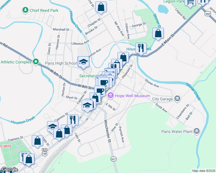 map of restaurants, bars, coffee shops, grocery stores, and more near 627 Main Street in Paris