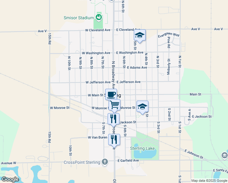 map of restaurants, bars, coffee shops, grocery stores, and more near 118 North Broadway Avenue in Sterling