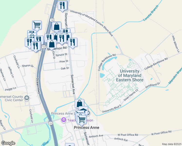 map of restaurants, bars, coffee shops, grocery stores, and more near 30578 Doctor William P. Hytche Boulevard in Princess Anne