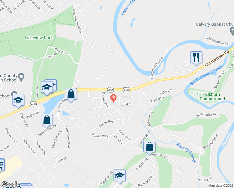 map of restaurants, bars, coffee shops, grocery stores, and more near 1028 Champion Drive in Frankfort