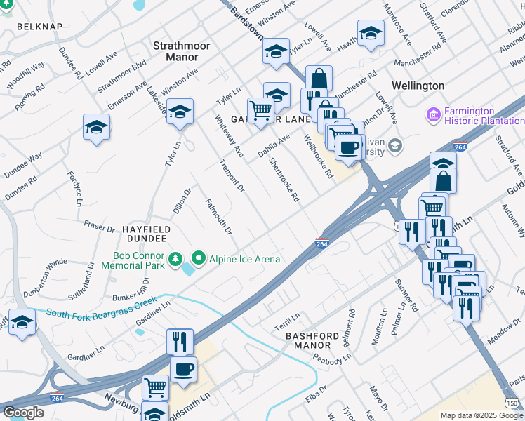 map of restaurants, bars, coffee shops, grocery stores, and more near 3018 Whiteway Avenue in Louisville