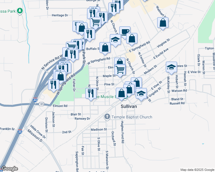 map of restaurants, bars, coffee shops, grocery stores, and more near 303 Pine Street in Sullivan