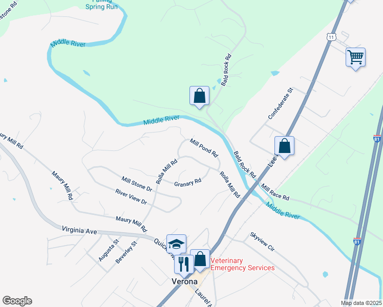 map of restaurants, bars, coffee shops, grocery stores, and more near 156 Rolla Mill Road in Verona