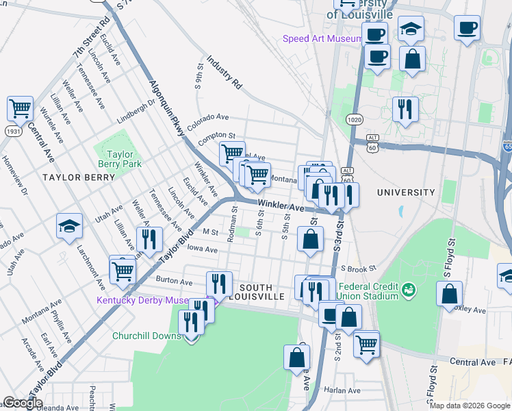 map of restaurants, bars, coffee shops, grocery stores, and more near 609 Winkler Avenue in Louisville