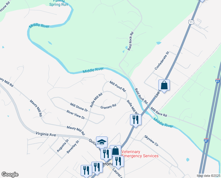 map of restaurants, bars, coffee shops, grocery stores, and more near 156 Rolla Mill Road in Verona