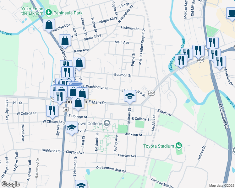 map of restaurants, bars, coffee shops, grocery stores, and more near 400 East Washington Street in Georgetown