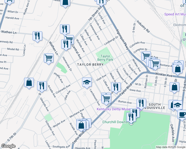 map of restaurants, bars, coffee shops, grocery stores, and more near 1319 Central Avenue in Louisville