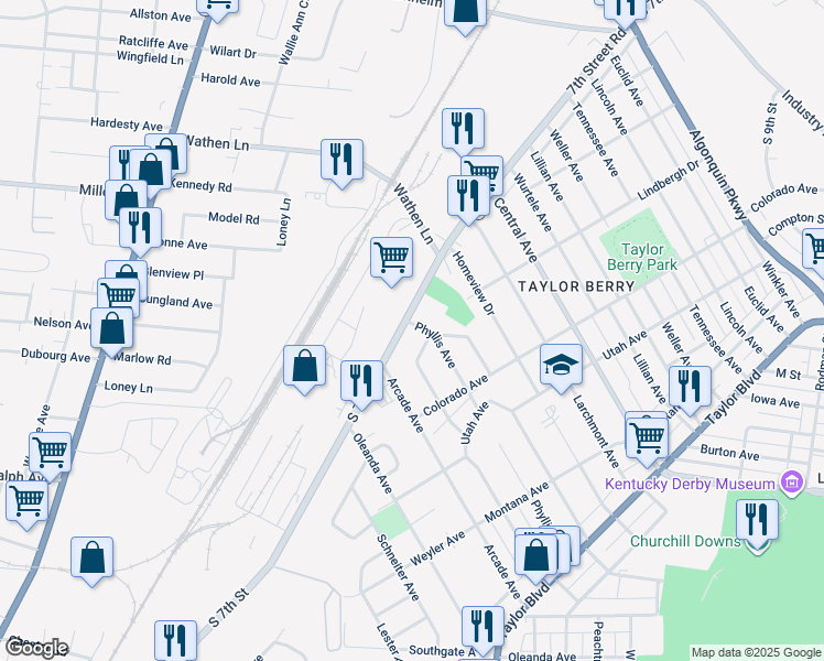map of restaurants, bars, coffee shops, grocery stores, and more near 2758 Kentucky 1931 in Louisville