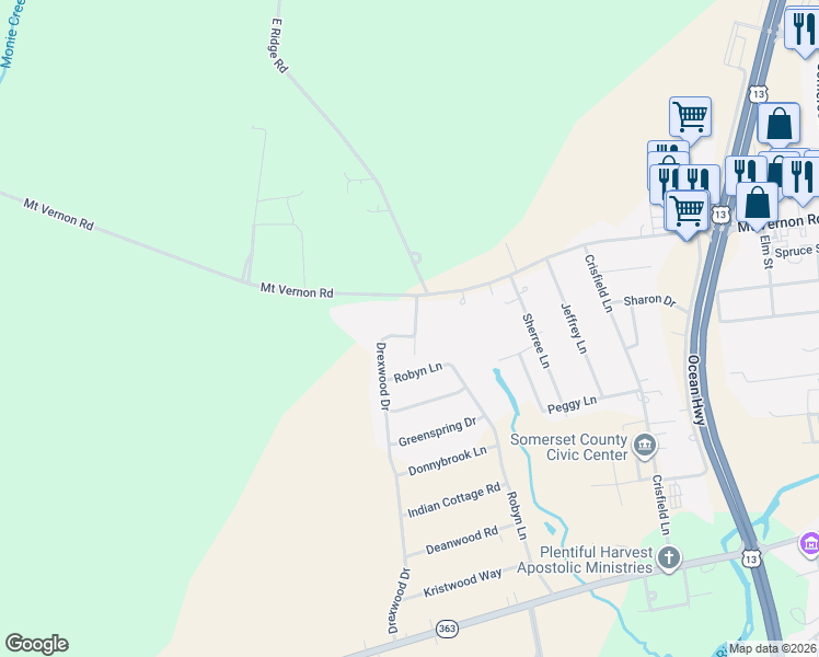 map of restaurants, bars, coffee shops, grocery stores, and more near 29973 Mount Vernon Road in Princess Anne