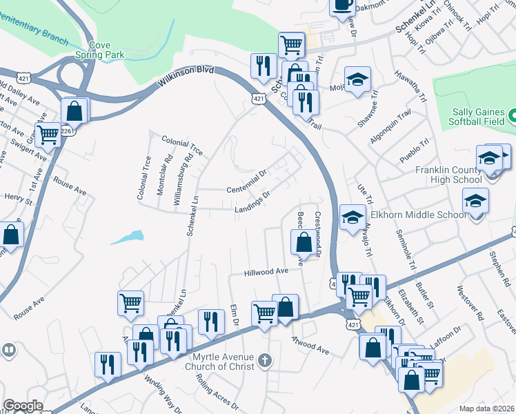 map of restaurants, bars, coffee shops, grocery stores, and more near 184 Landings Drive in Frankfort