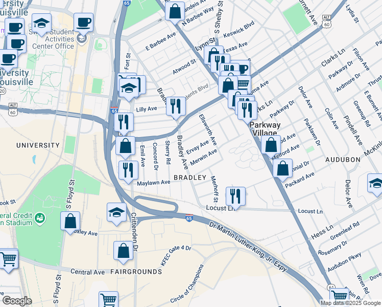 map of restaurants, bars, coffee shops, grocery stores, and more near 608 Ervay Avenue in Louisville