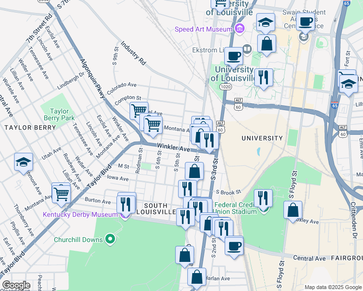 map of restaurants, bars, coffee shops, grocery stores, and more near 417 Montana Avenue in Louisville