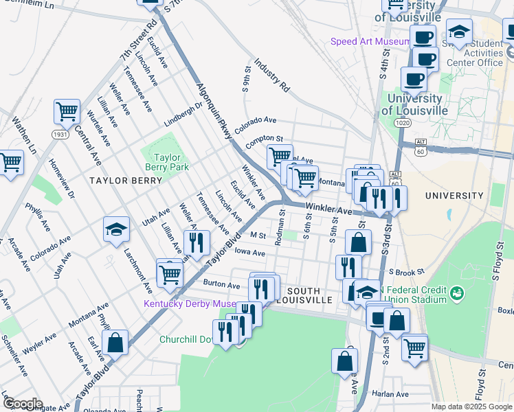 map of restaurants, bars, coffee shops, grocery stores, and more near 2715 Montana Avenue in Louisville