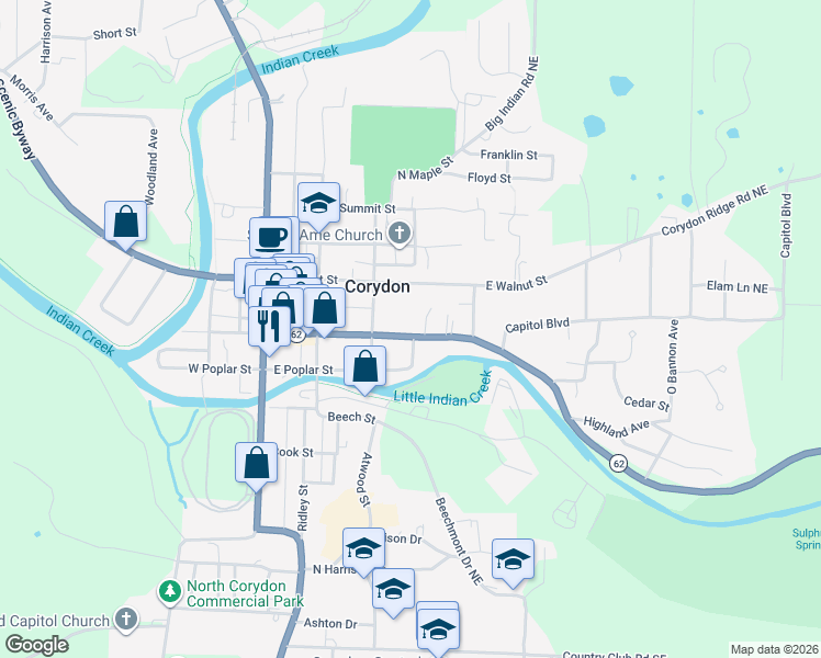 map of restaurants, bars, coffee shops, grocery stores, and more near 424 East Chestnut Street in Corydon
