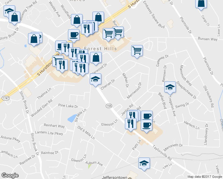 map of restaurants, bars, coffee shops, grocery stores, and more near 2410 Merriwood Drive in Jeffersontown