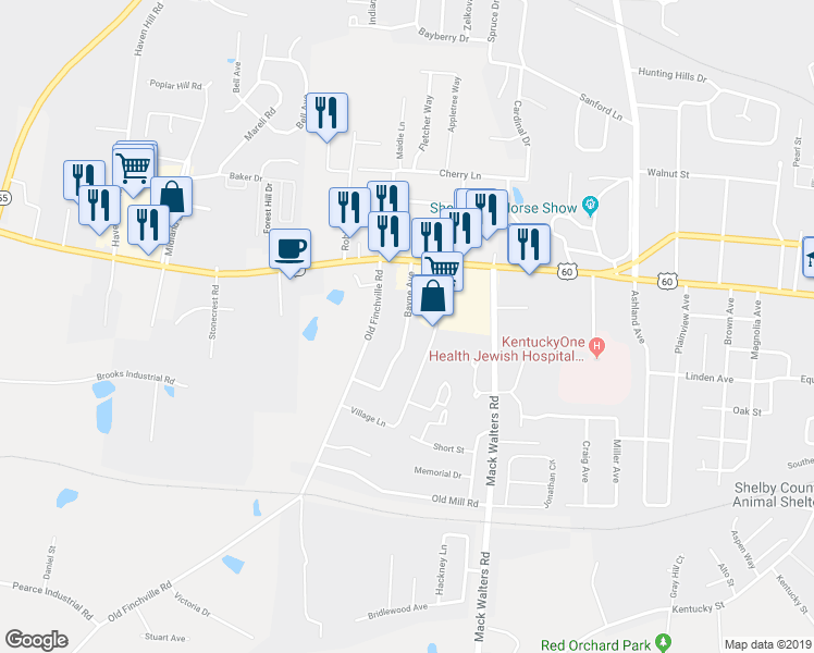 map of restaurants, bars, coffee shops, grocery stores, and more near 634 Bayne Avenue in Shelbyville