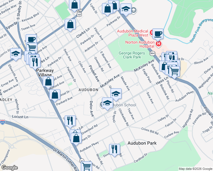 map of restaurants, bars, coffee shops, grocery stores, and more near 907 McKinley Avenue in Louisville