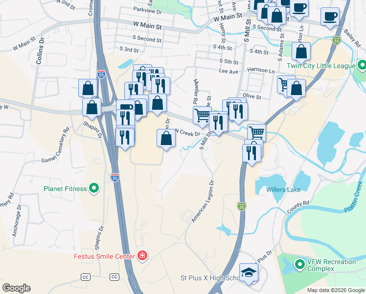 map of restaurants, bars, coffee shops, grocery stores, and more near 632 Rock Creek Court in Festus