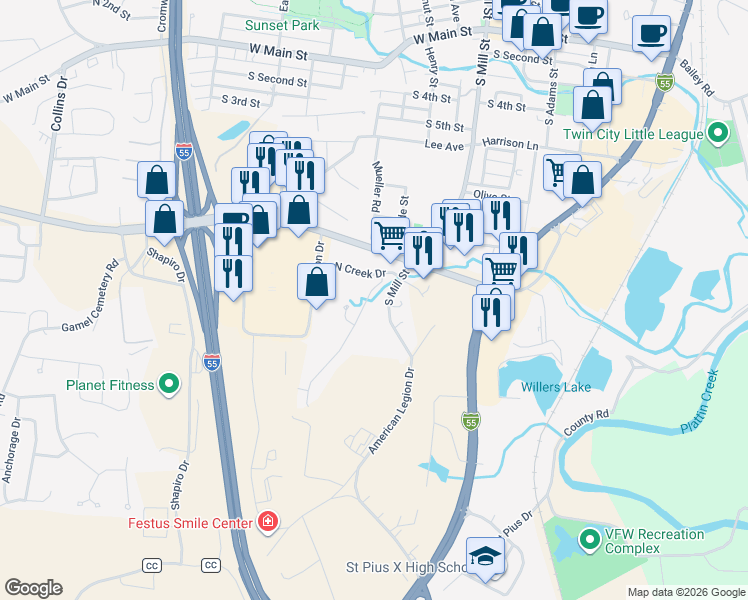 map of restaurants, bars, coffee shops, grocery stores, and more near 700 Woodside Creek Drive in Festus