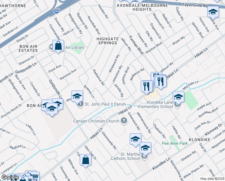 map of restaurants, bars, coffee shops, grocery stores, and more near 3215 Radiance Road in Louisville
