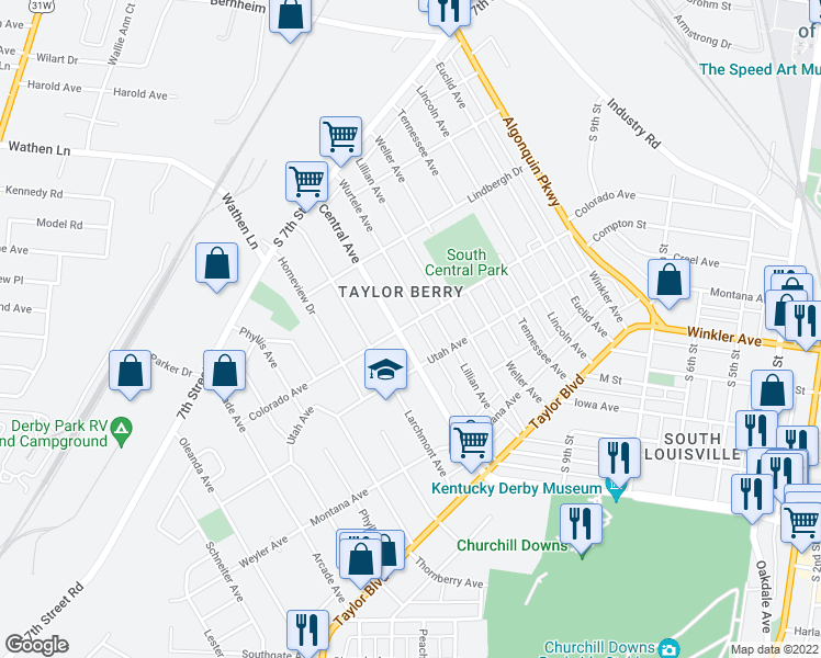 map of restaurants, bars, coffee shops, grocery stores, and more near 1319 Central Avenue in Louisville
