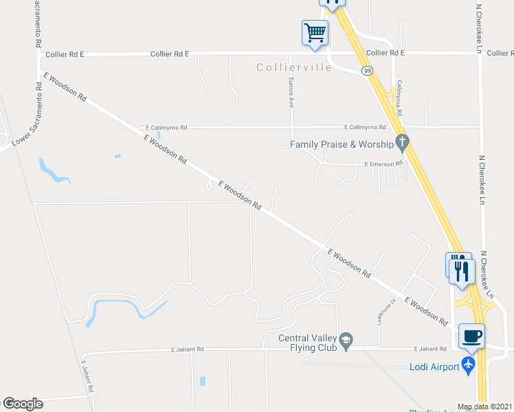 map of restaurants, bars, coffee shops, grocery stores, and more near 3112 East Woodson Road in Acampo