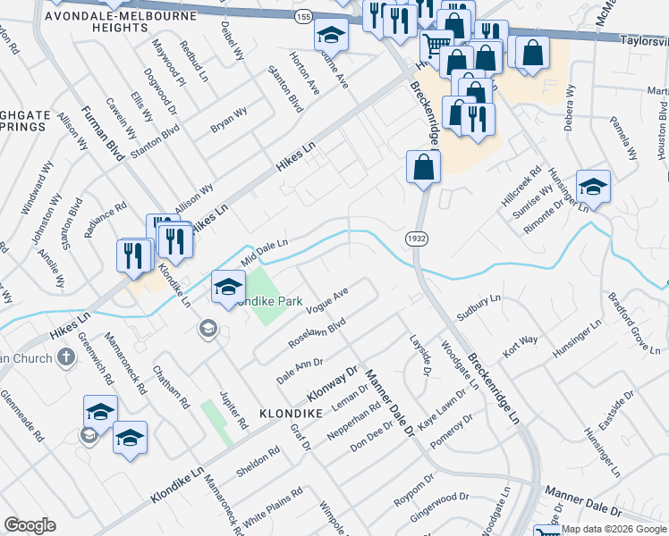 map of restaurants, bars, coffee shops, grocery stores, and more near 3803 Cabinwood Court in Louisville