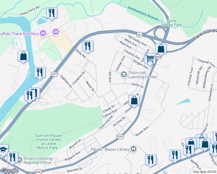 map of restaurants, bars, coffee shops, grocery stores, and more near 808 5th Avenue in Frankfort