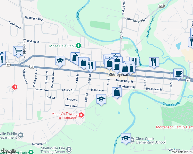 map of restaurants, bars, coffee shops, grocery stores, and more near 911 Henry Clay Street in Shelbyville