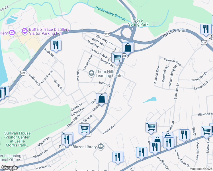 map of restaurants, bars, coffee shops, grocery stores, and more near 101 Henry Street in Frankfort