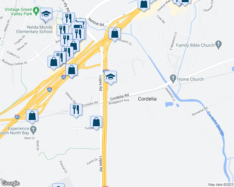 map of restaurants, bars, coffee shops, grocery stores, and more near 2105 Cordelia Road in Fairfield