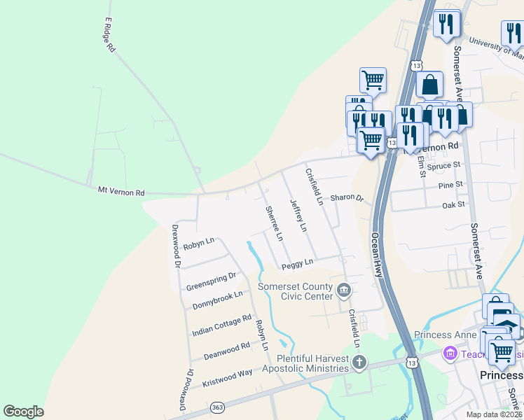 map of restaurants, bars, coffee shops, grocery stores, and more near 12010 Sherree Lane in Princess Anne