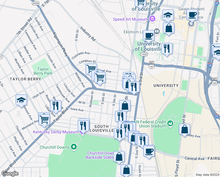 map of restaurants, bars, coffee shops, grocery stores, and more near 517 Winkler Avenue in Louisville