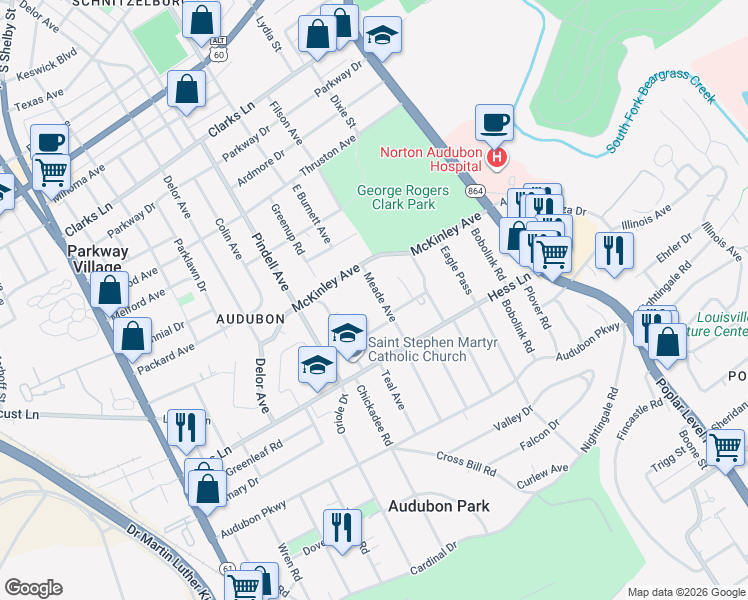 map of restaurants, bars, coffee shops, grocery stores, and more near 3008 Meade Avenue in Louisville